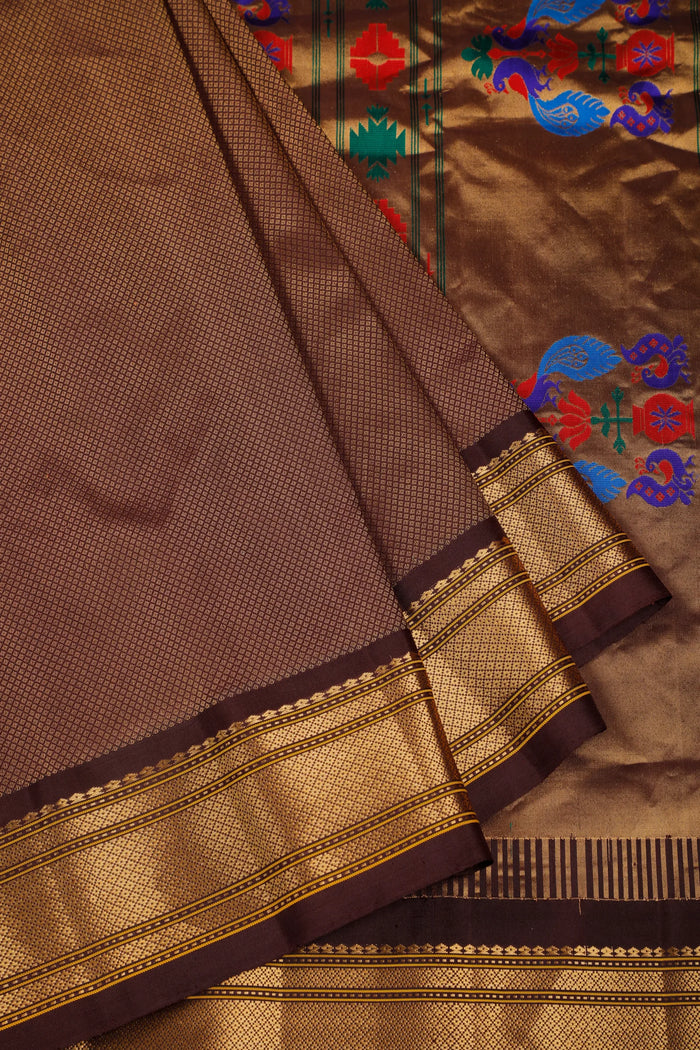 Brown Handloom Pure Silk Gadwal Saree in Brocade Design