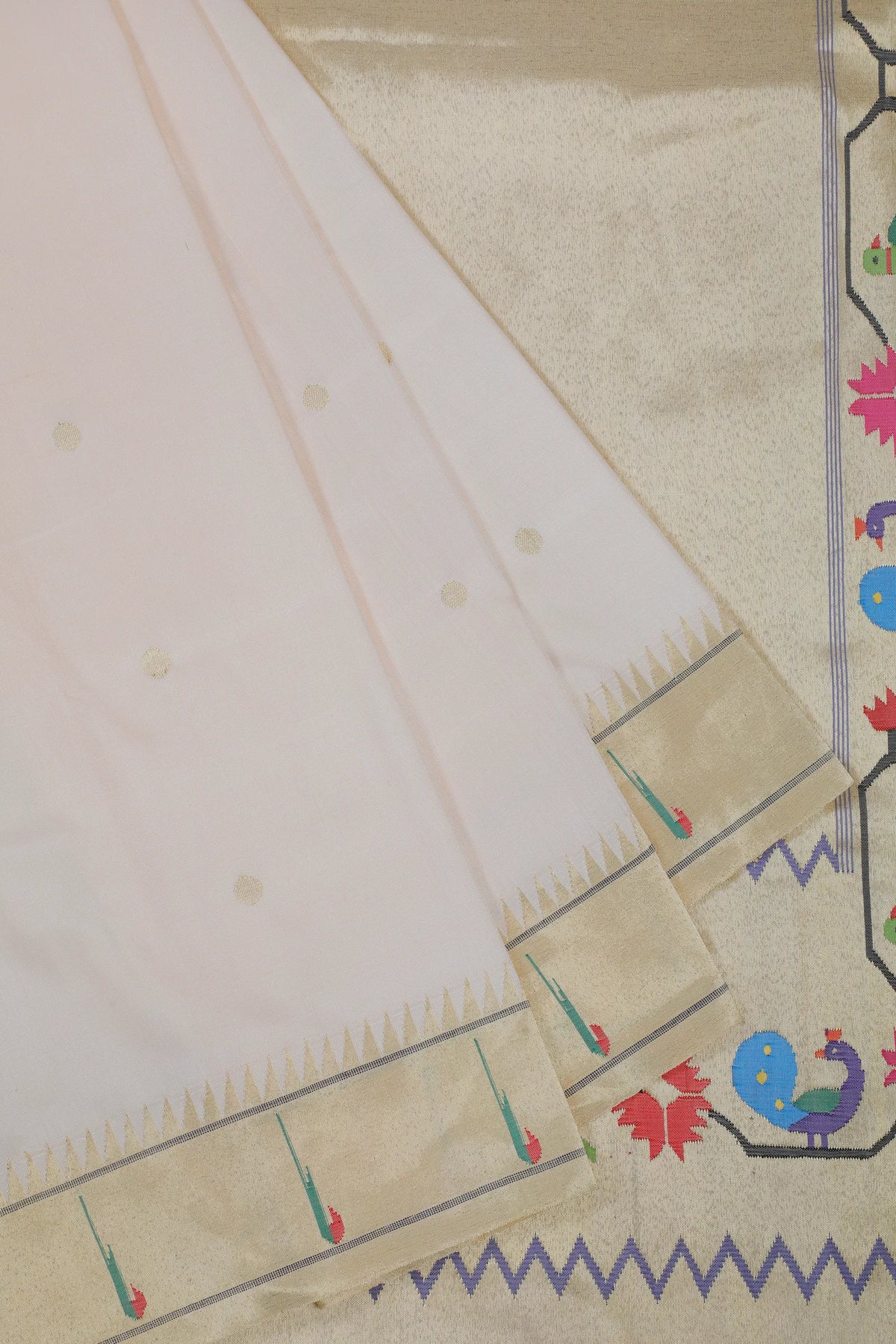 Pearl White Handloom Pure Silk Muniya Paithani Saree