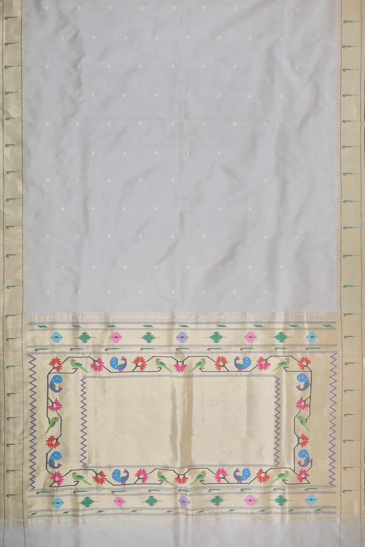 Pearl White Handloom Pure Silk Muniya Paithani Saree