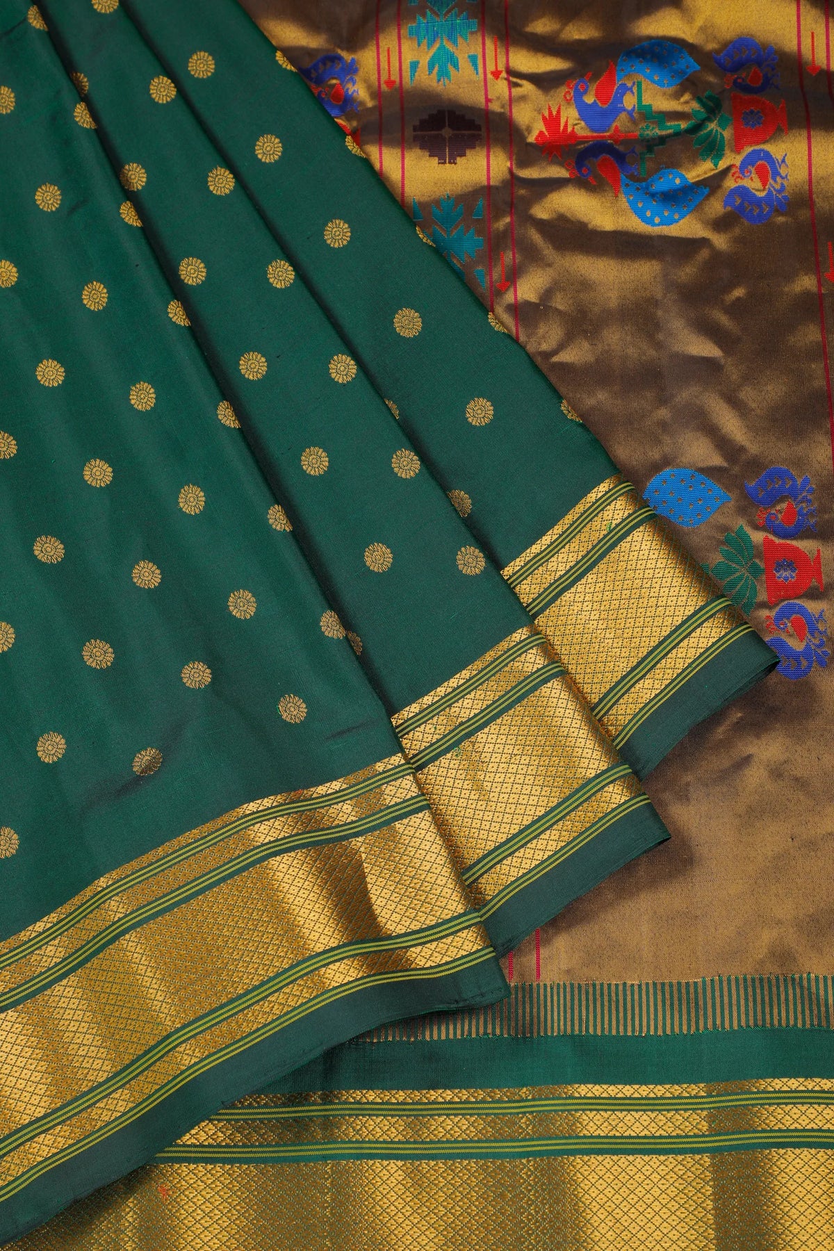 Bottle Green Handloom Pure Silk Gadwal Saree - Kalanjali Paithani