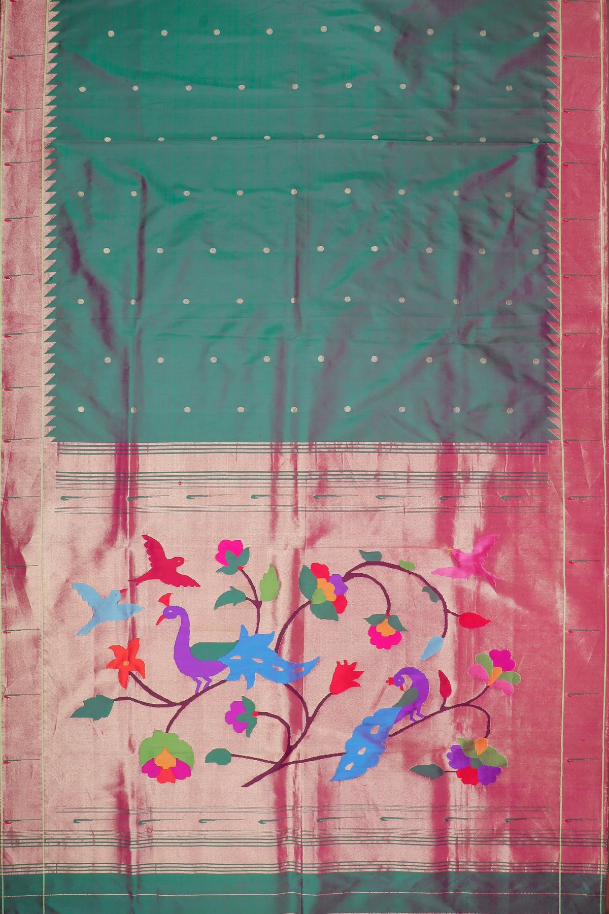 Dhoop Chaav Green Handloom Pure Silk Muniya Paithani Saree