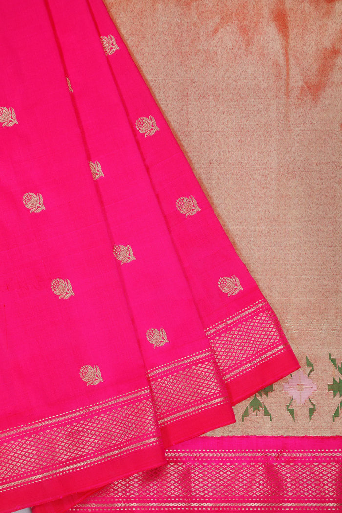 Hot Pink Handloom Pure Silk Paithani Saree with Chandrakala Design - detail 3