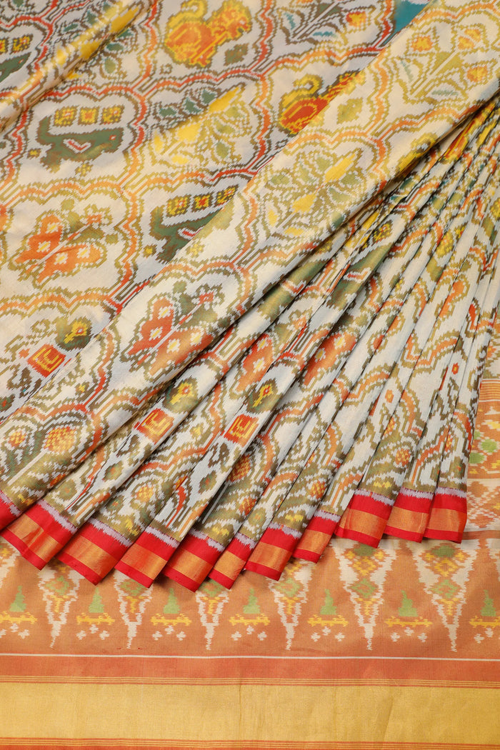Off-White Pure Silk Handloom Tissue Rajkot Patola Saree