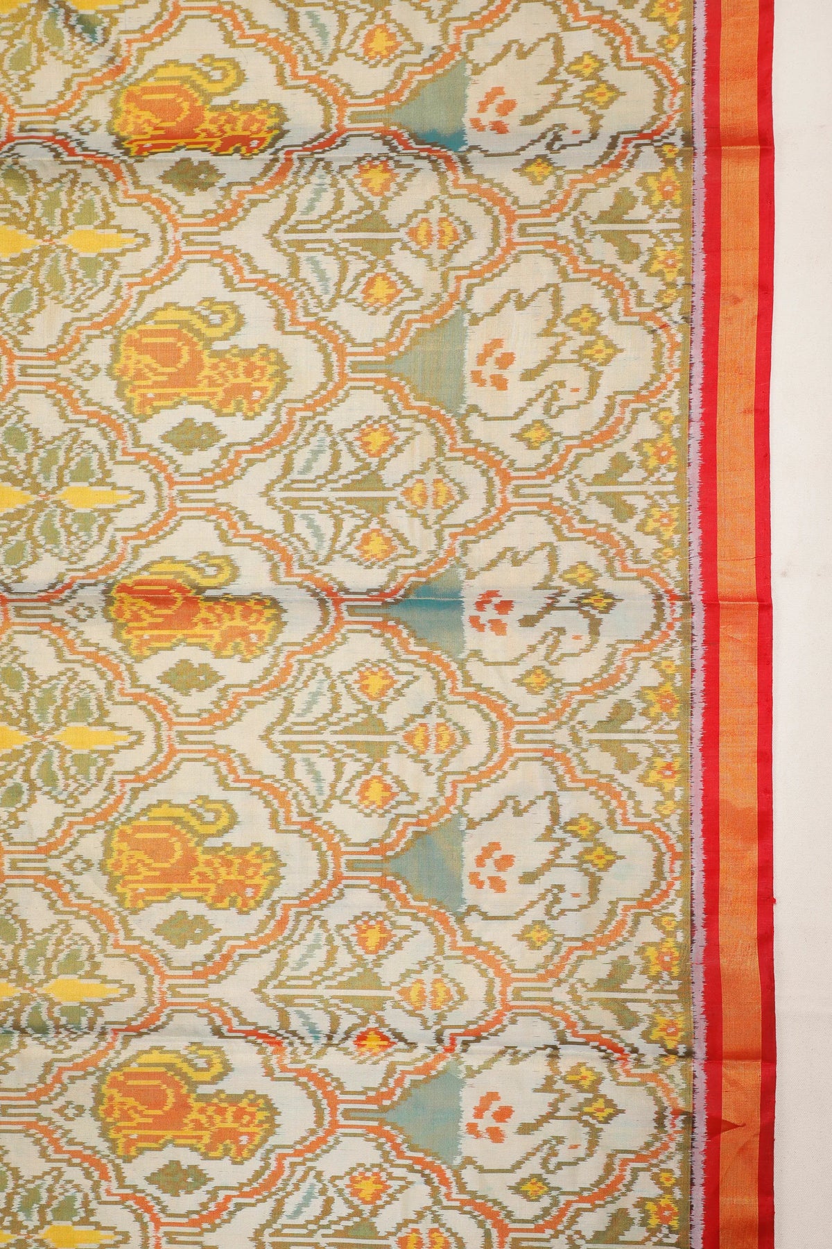 Off-White Pure Silk Handloom Tissue Rajkot Patola Saree