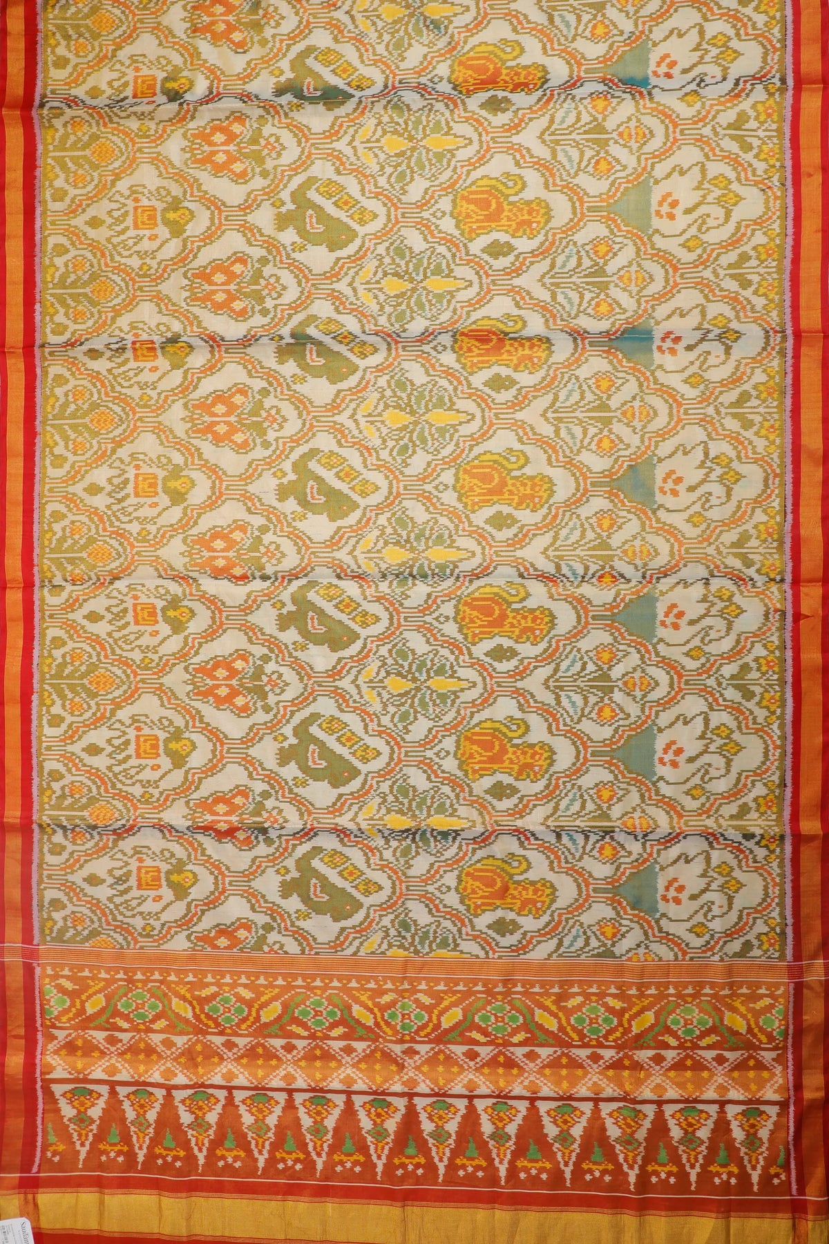 Off-White Pure Silk Handloom Tissue Rajkot Patola Saree