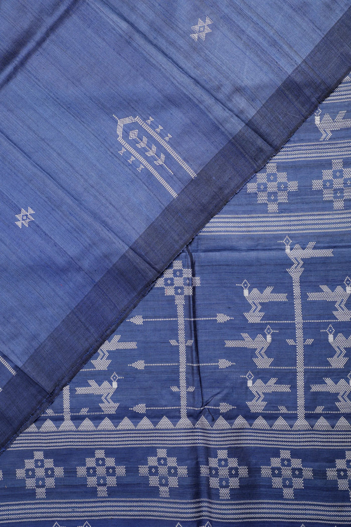 Navy Blue Handloom Tussar Silk Saree - detail 1