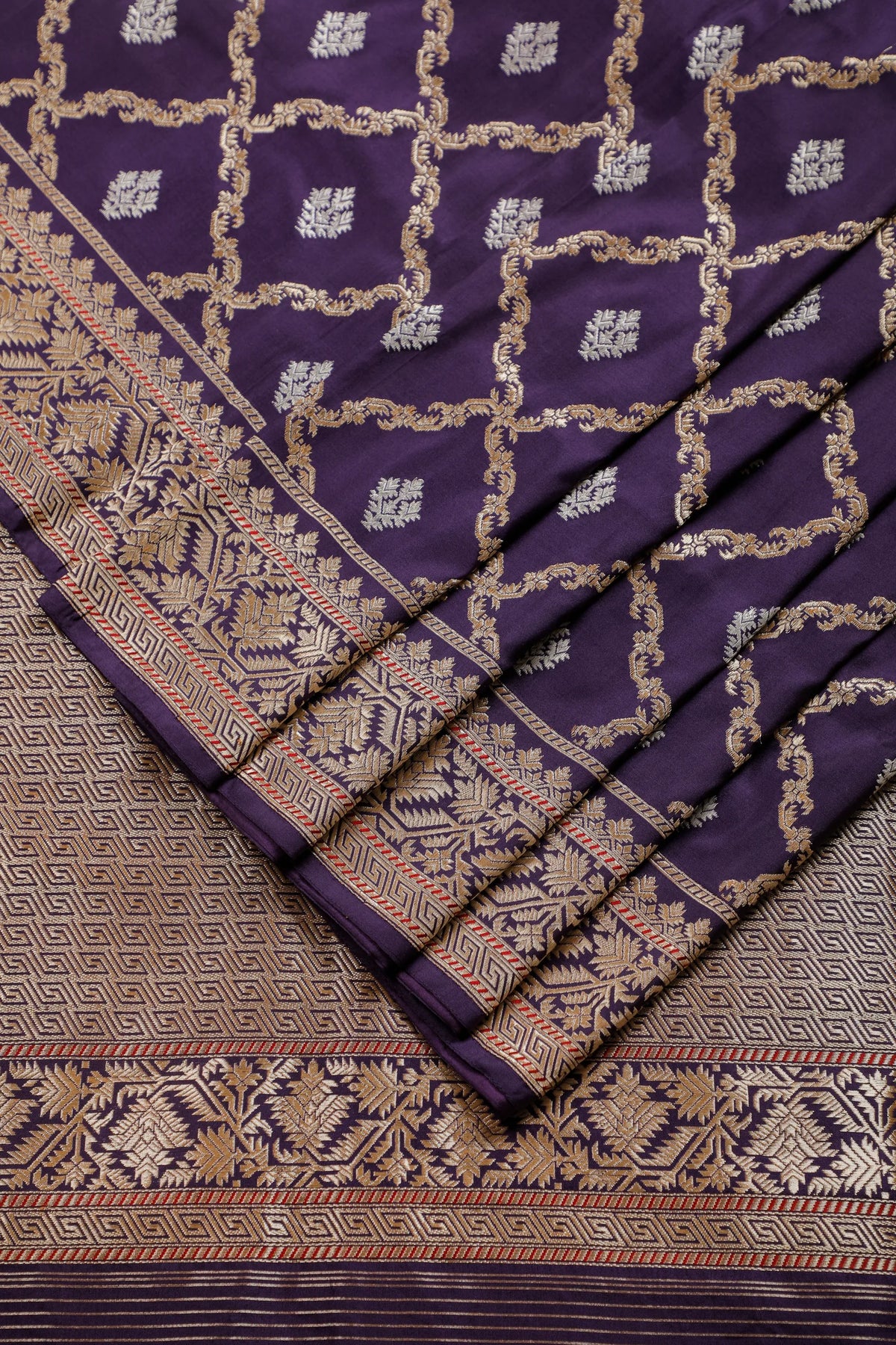 Purple Real Zari Pure Silk Benarasi Saree - Revival Design from Awadh