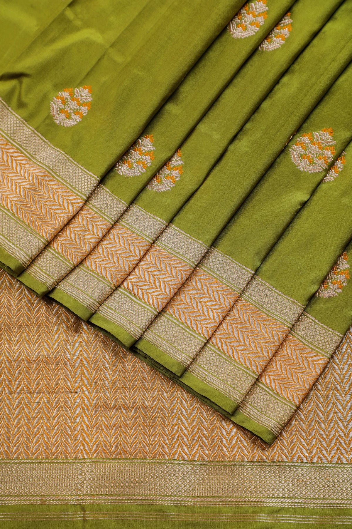 Olive Green Real Zari Pure Silk Benarasi Saree - Revival Design