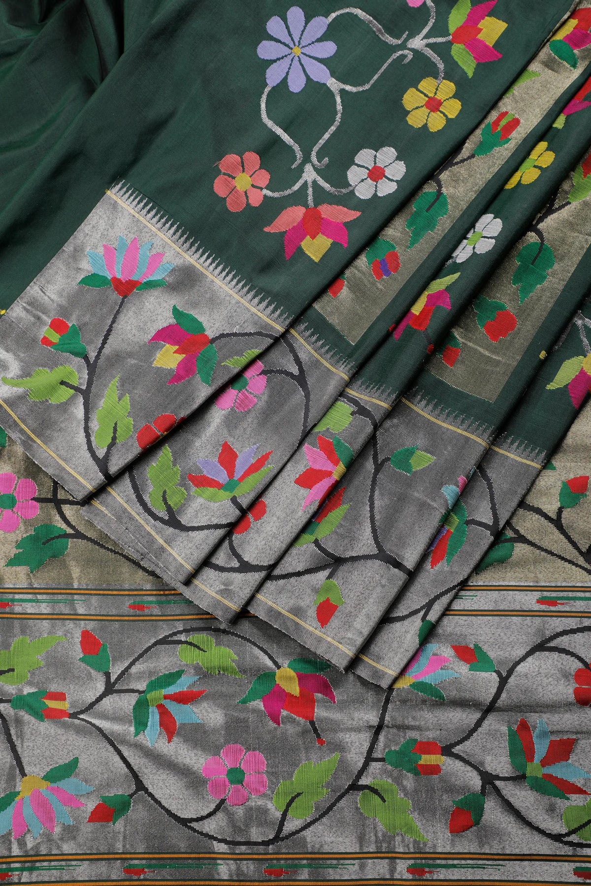 Bottle Green Pure Silk by Silk Handloom Paithani Saree with All Over Design