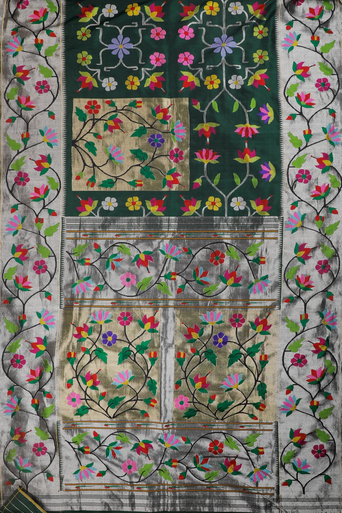 Bottle Green Pure Silk by Silk Handloom Paithani Saree with All Over Design