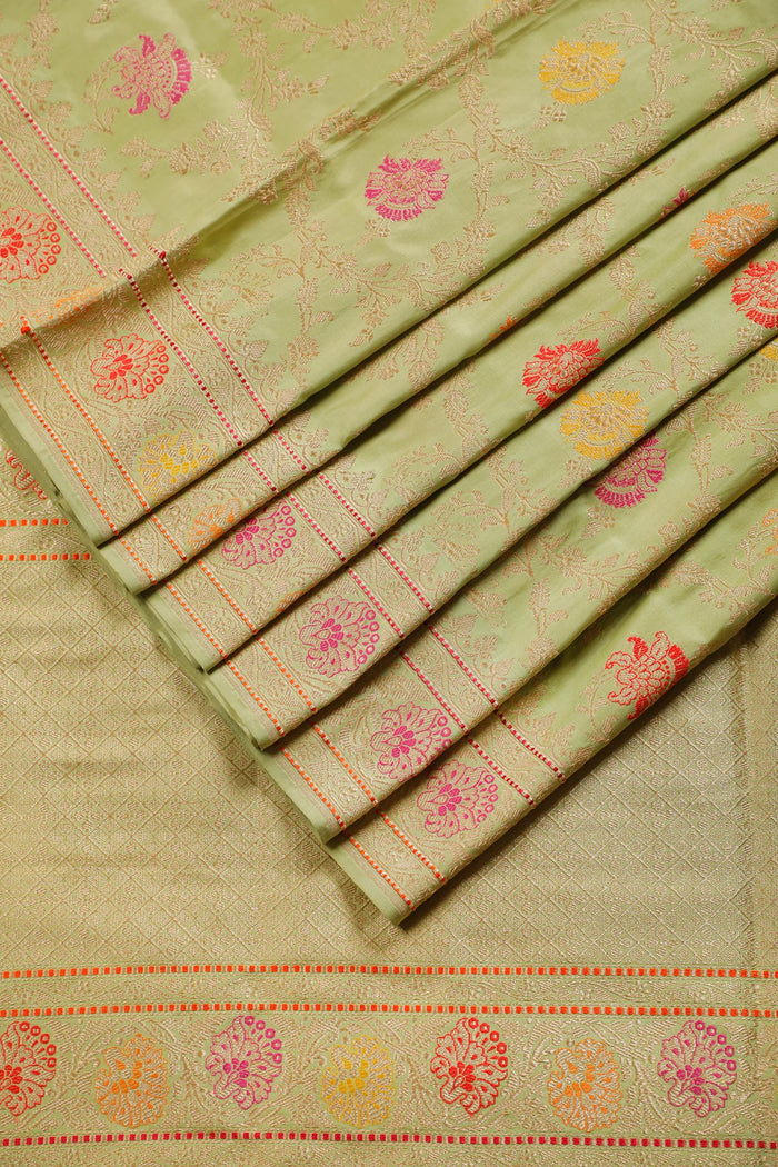Pista Green Handloom Benarasi Katan Silk Saree - Kadhua Weaving
