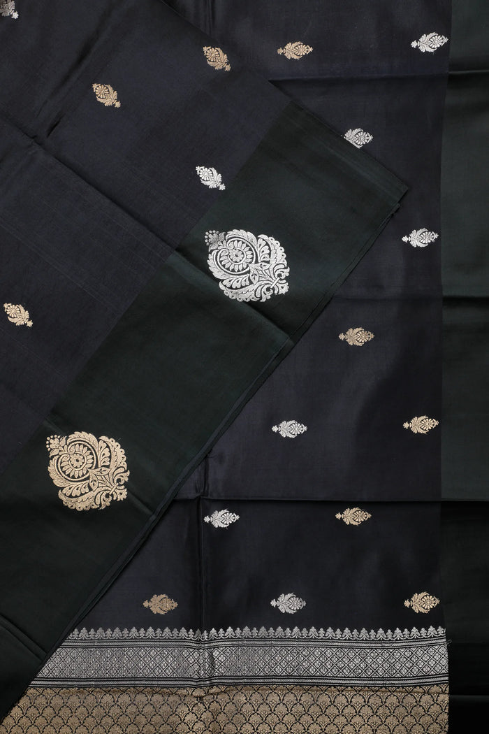 Jet Black Pure Silk Handloom Mashru Benarasi Saree - detail 1