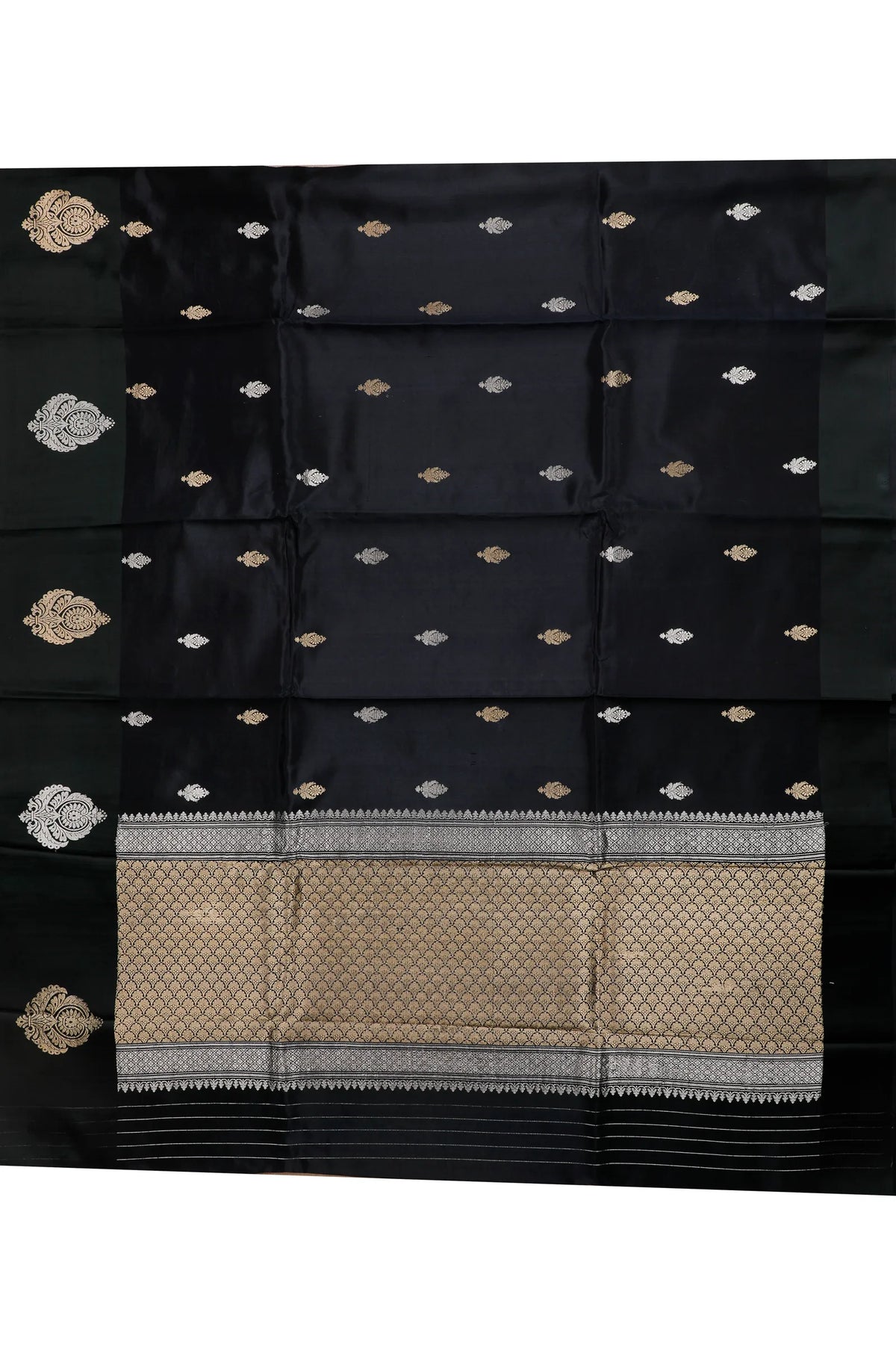 Jet Black Pure Silk Handloom Mashru Benarasi Saree