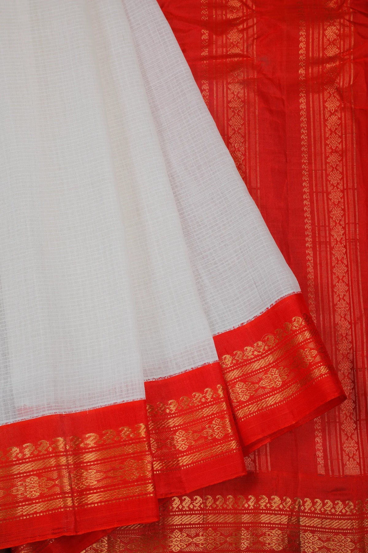 White Handloom Pure Cotton Gadwal Saree with Orange Border