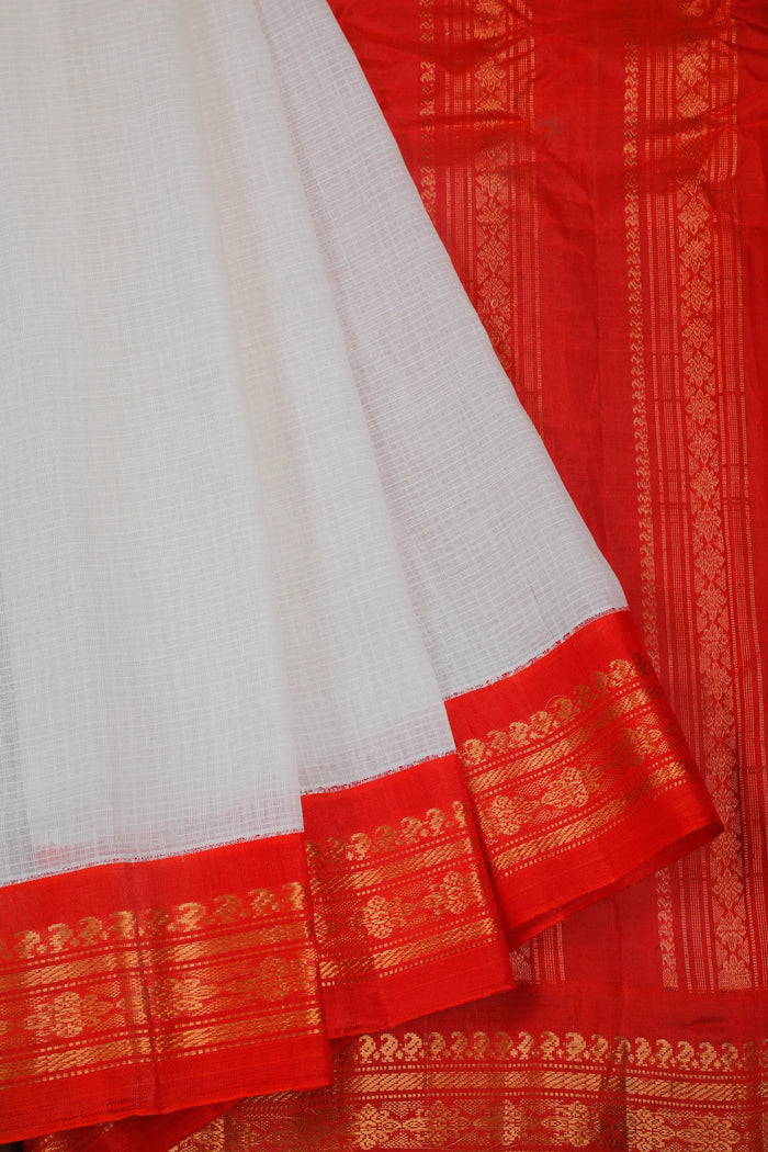 White Handloom Pure Cotton Gadwal Saree with Orange Border