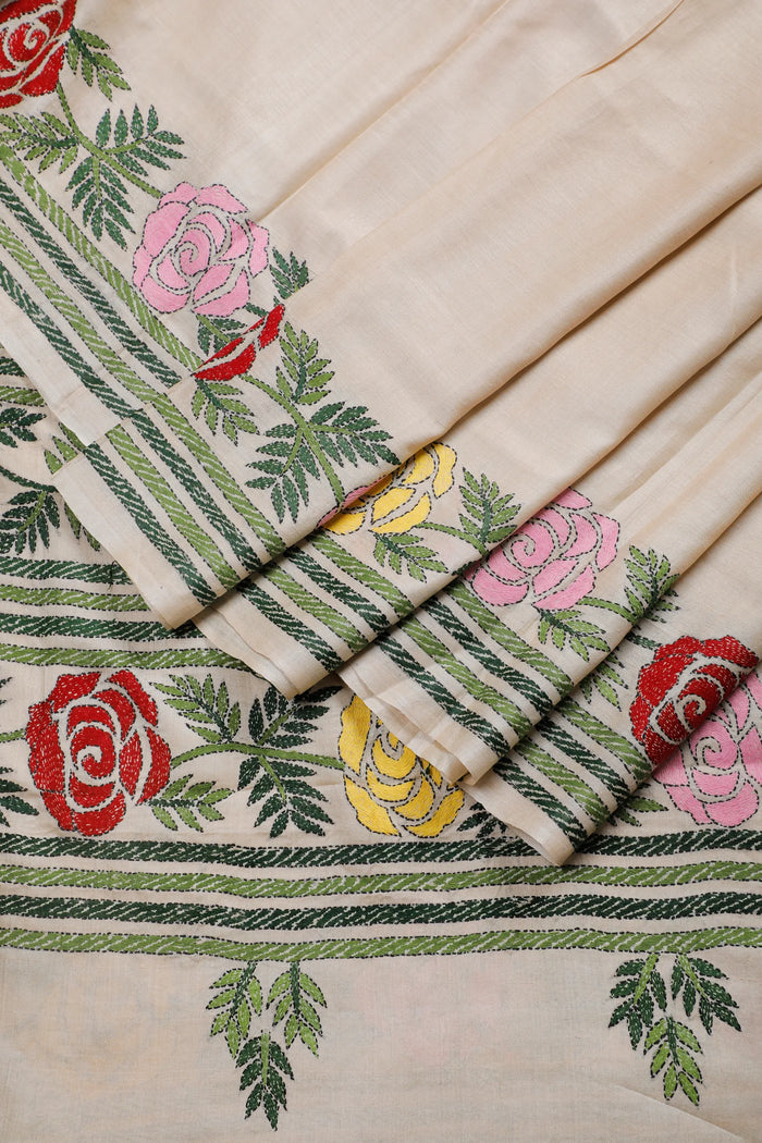 Beige Handloom Pure Silk Katha Work Saree with Rose Embroidery