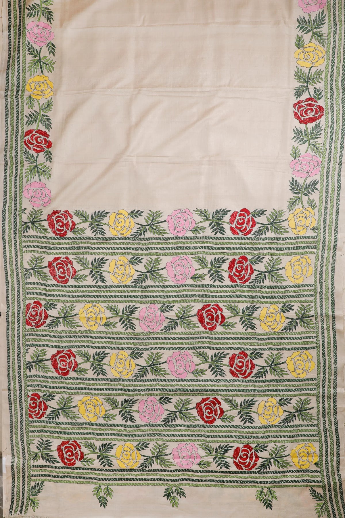 Beige Handloom Pure Silk Katha Work Saree with Rose Embroidery