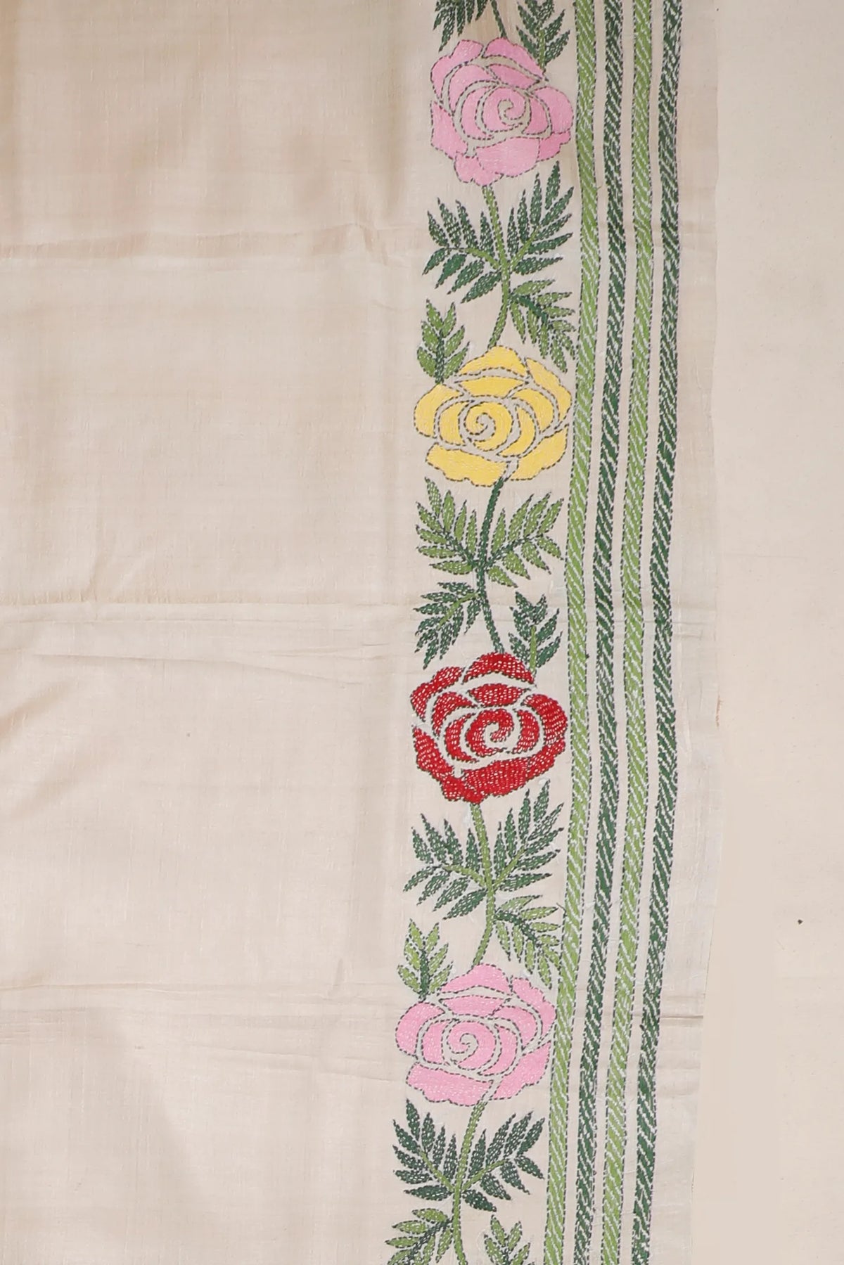 Beige Handloom Pure Silk Katha Work Saree with Rose Embroidery