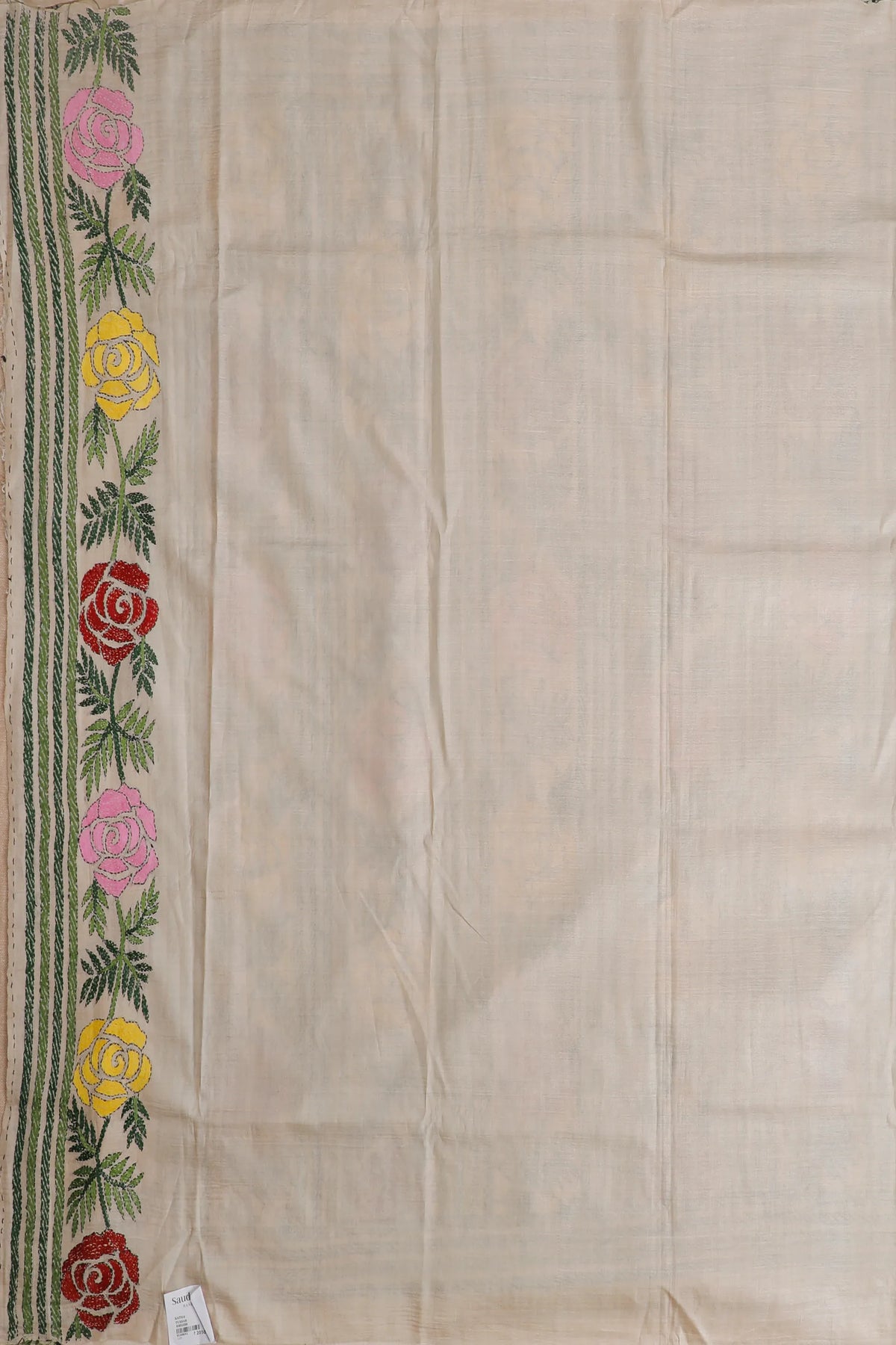 Beige Handloom Pure Silk Katha Work Saree with Rose Embroidery