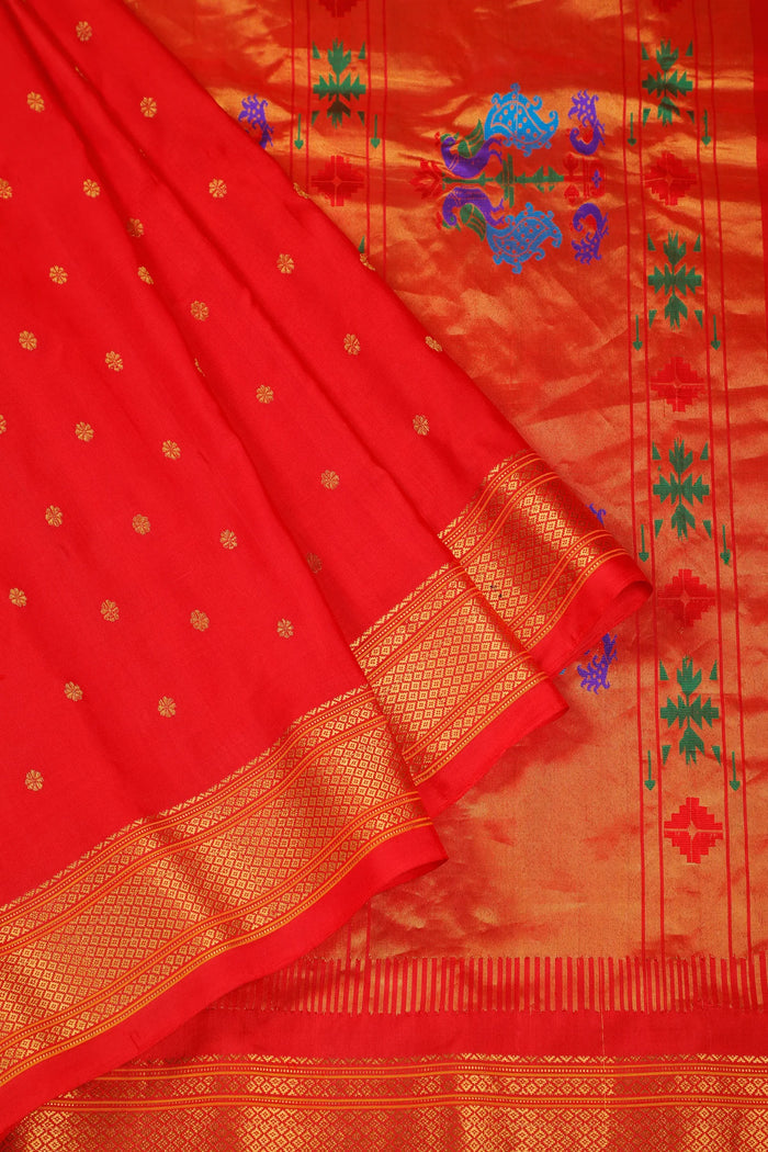 Red Handloom Pure Silk Gadwal Saree - Kalanjali Paithani
