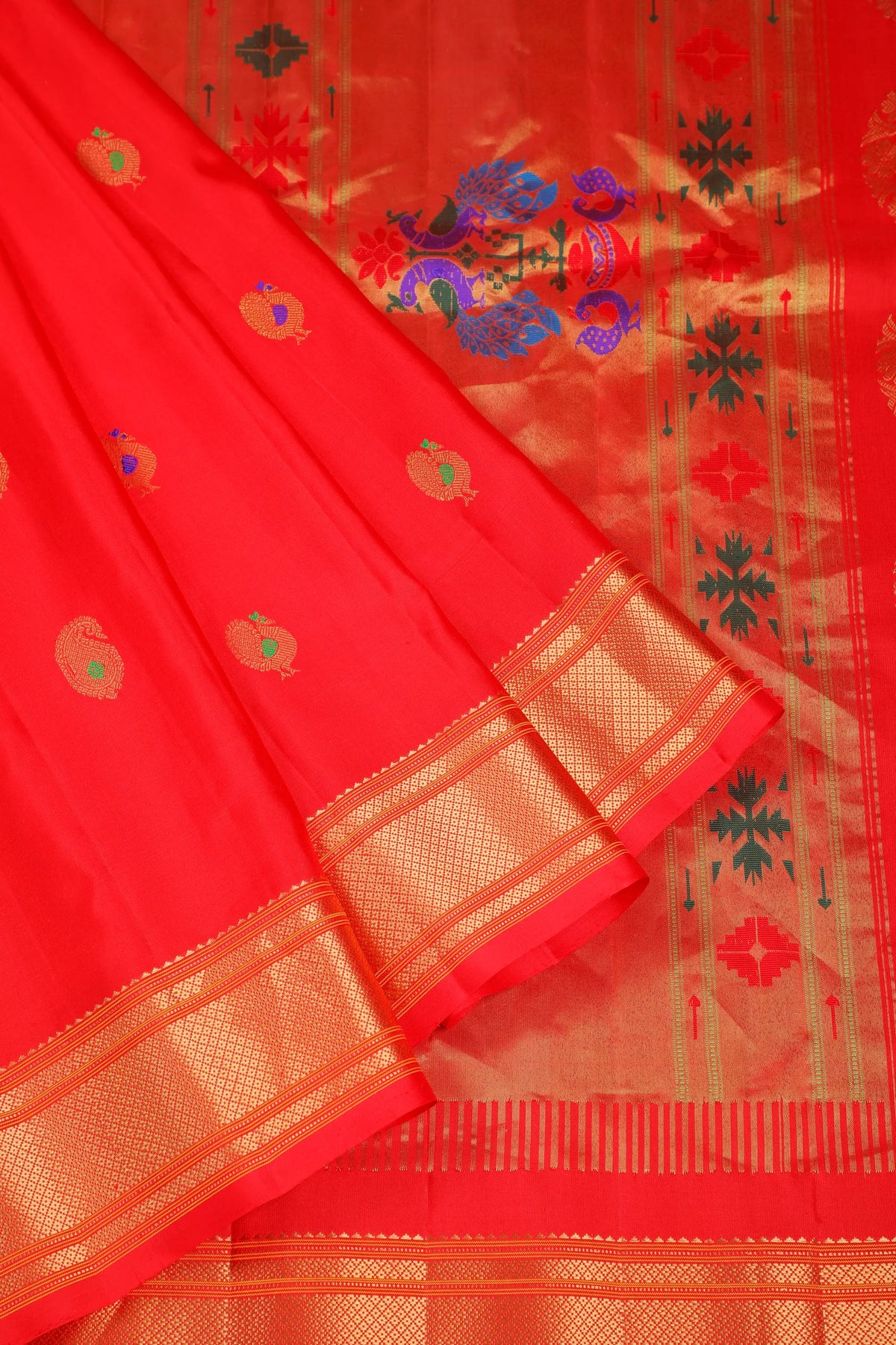 Red Handloom Pure Silk Gadwal Saree - Kalanjali Paithani with Meenakari Work