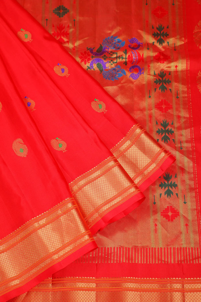 Red Handloom Pure Silk Gadwal Saree - Kalanjali Paithani with Meenakari Work