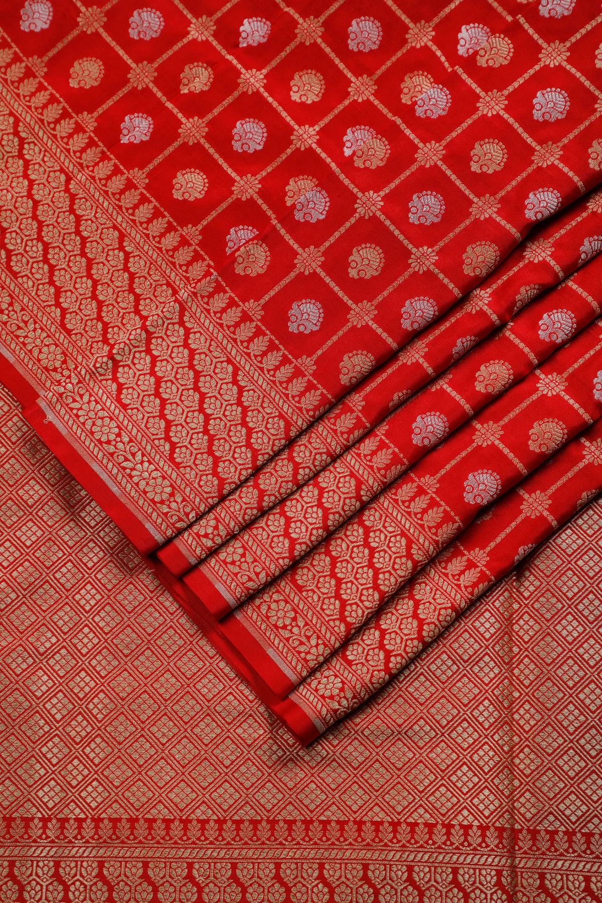 Red Handloom Benarasi Katan Silk Saree with Checks