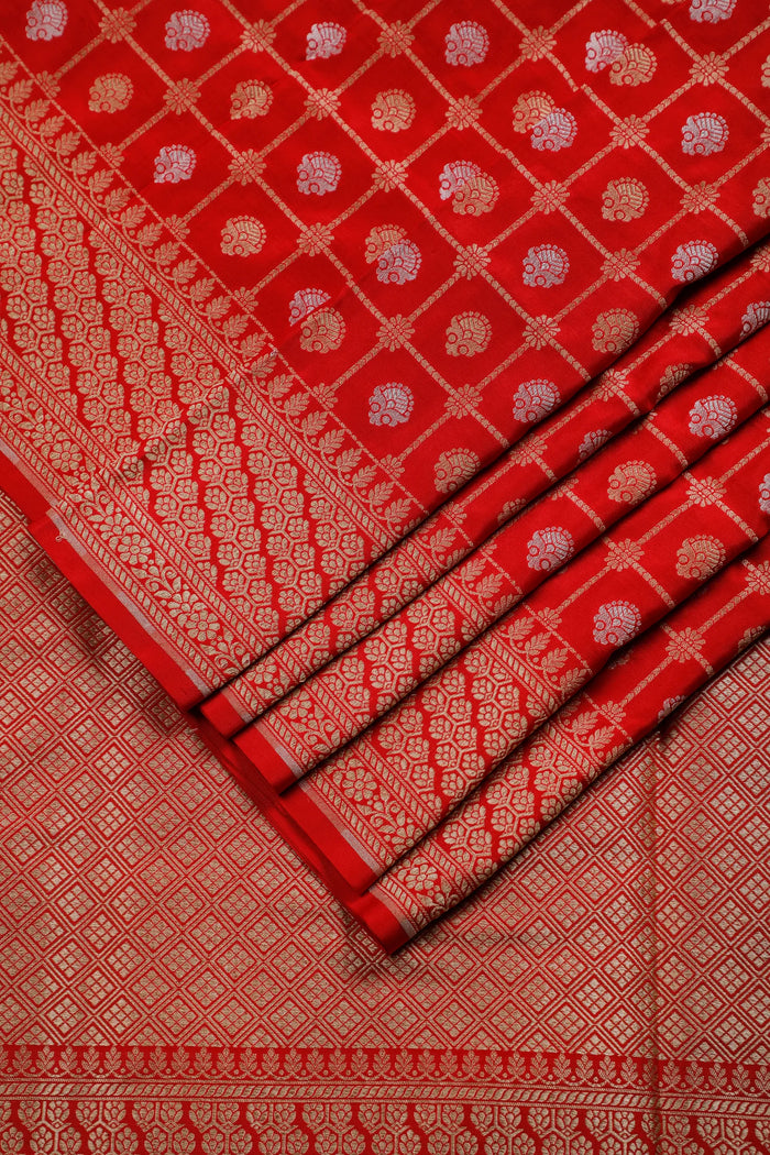 Red Handloom Benarasi Katan Silk Saree with Checks