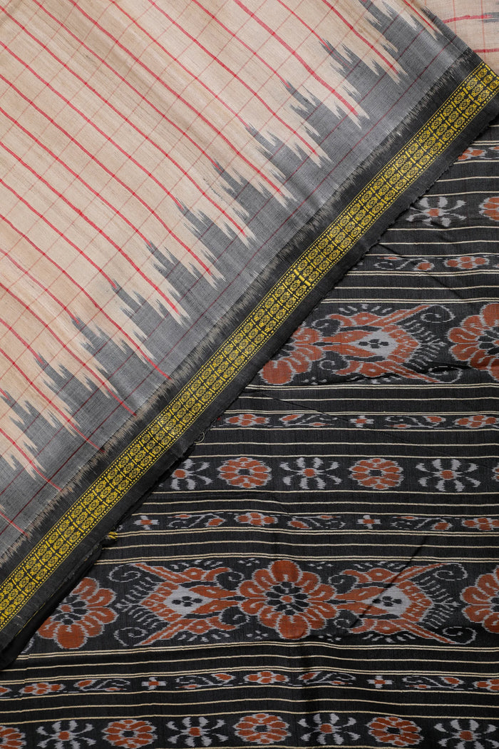 Beige Handloom Tussar Silk Saree with Black Temple Border - detail 1