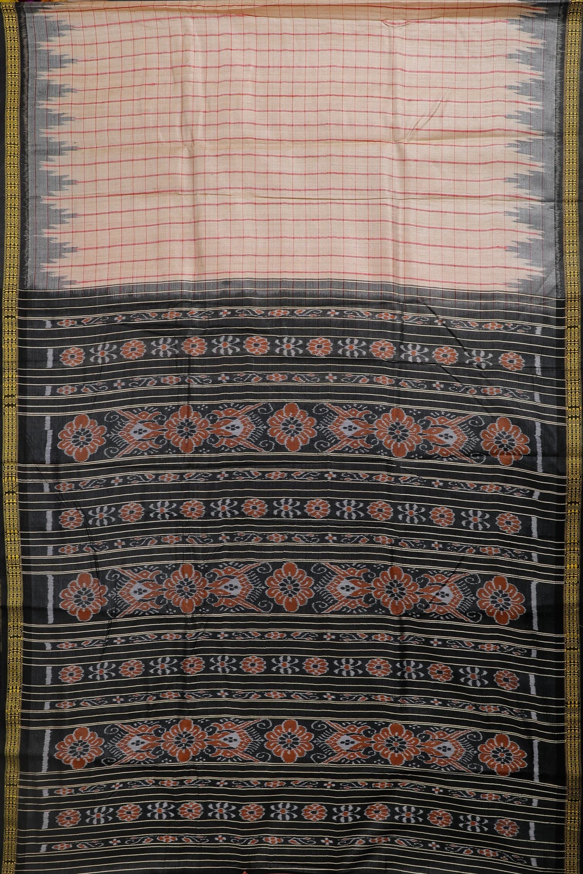 Beige Handloom Tussar Silk Saree with Black Temple Border
