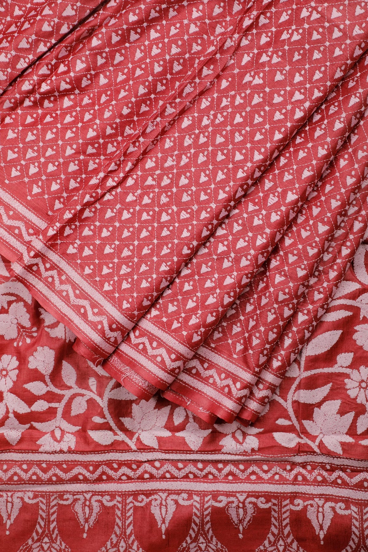 Rust Red Handloom Pure Silk Katha Work Saree with White Hand Embroidery