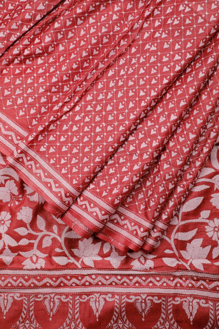 Rust Red Handloom Pure Silk Katha Work Saree with White Hand Embroidery