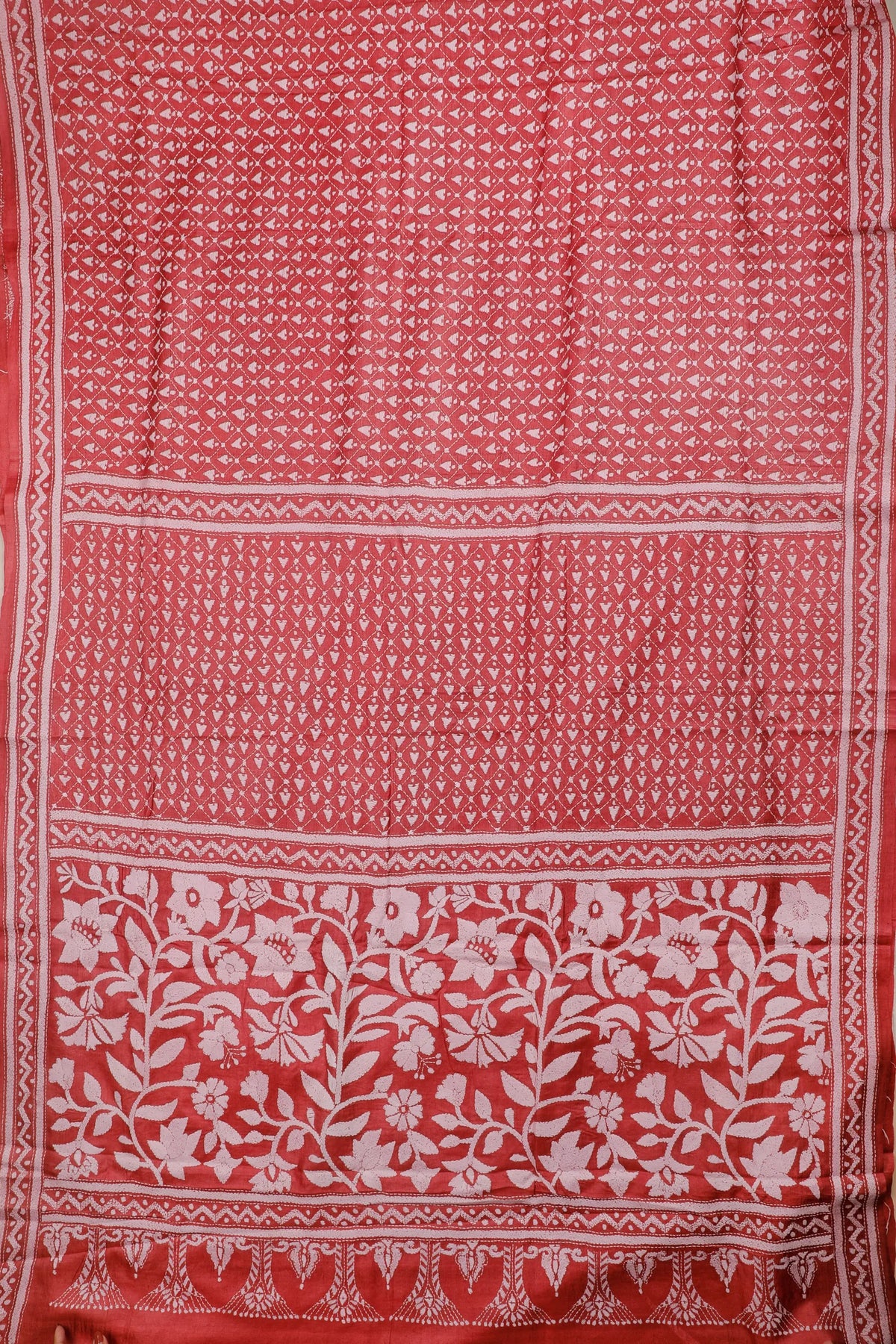 Rust Red Handloom Pure Silk Katha Work Saree with White Hand Embroidery
