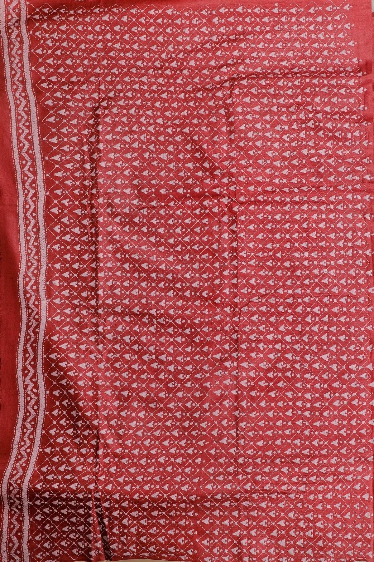 Rust Red Handloom Pure Silk Katha Work Saree with White Hand Embroidery