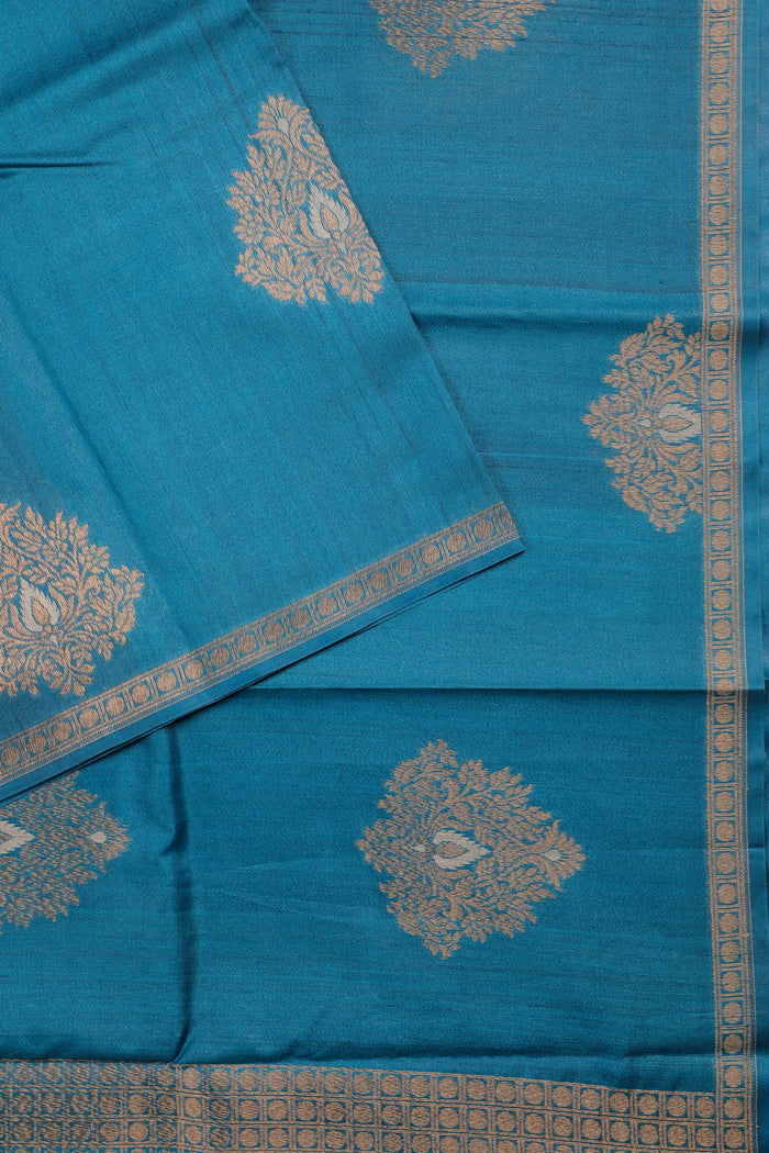Indigo Blue Raw and Katan Silk Saree with Leaf Design - detail 1