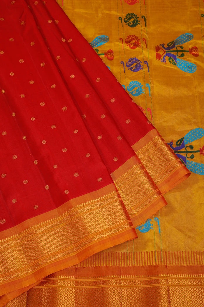 Red Handloom Pure Silk Gadwal Saree - Kalanjali Paithani