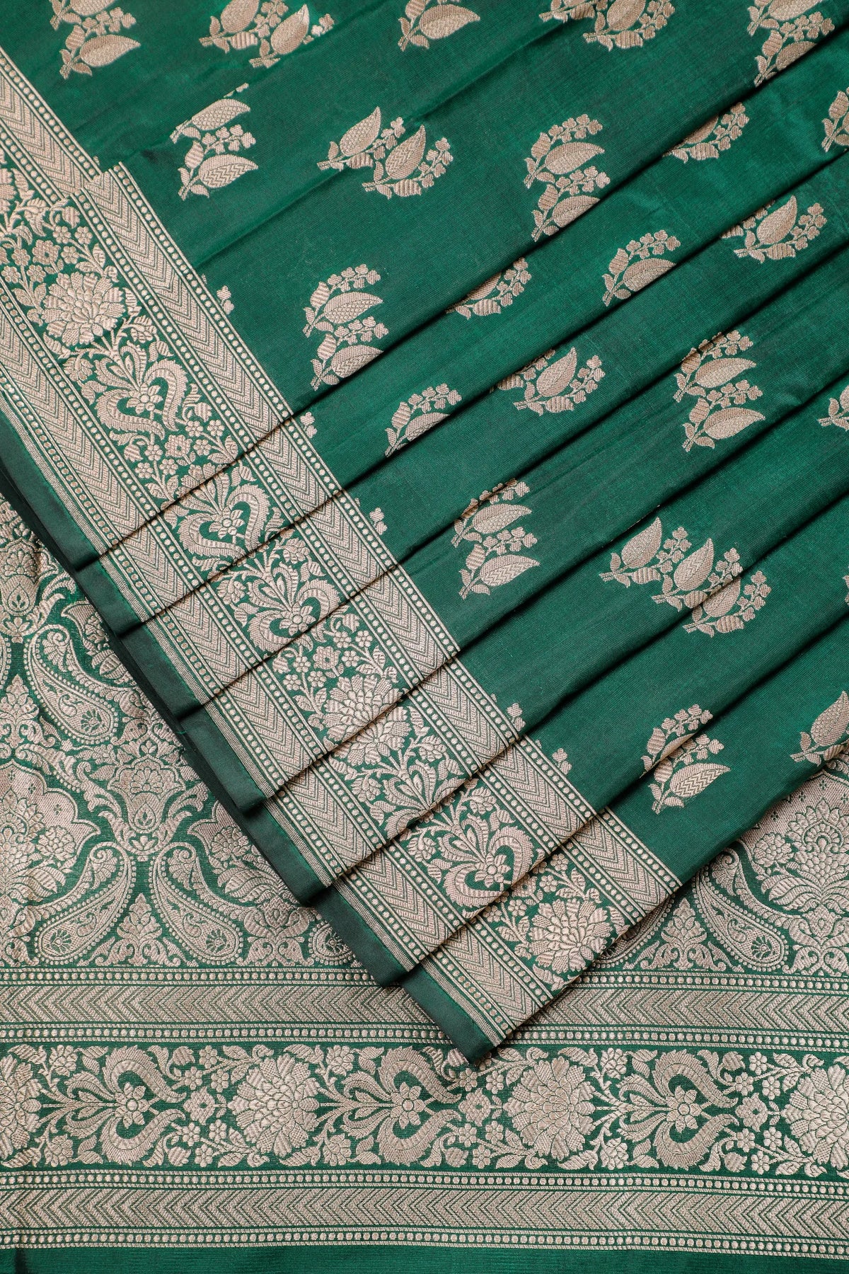 Green Handloom Benarasi Katan Silk Saree with Leaf Buttis
