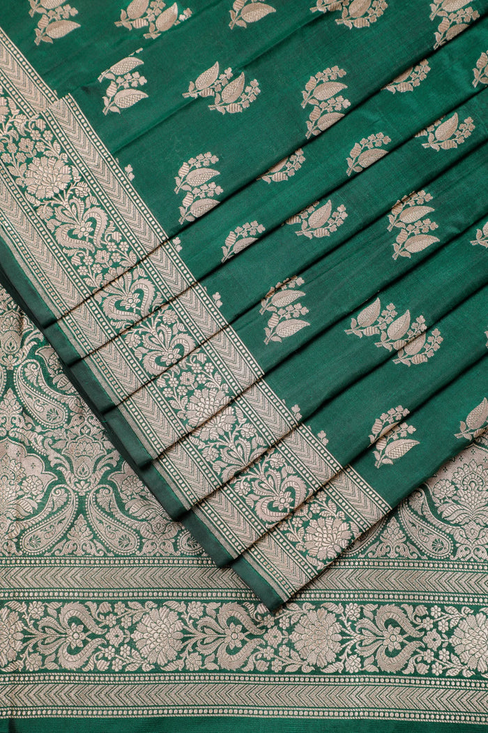 Green Handloom Benarasi Katan Silk Saree with Leaf Buttis