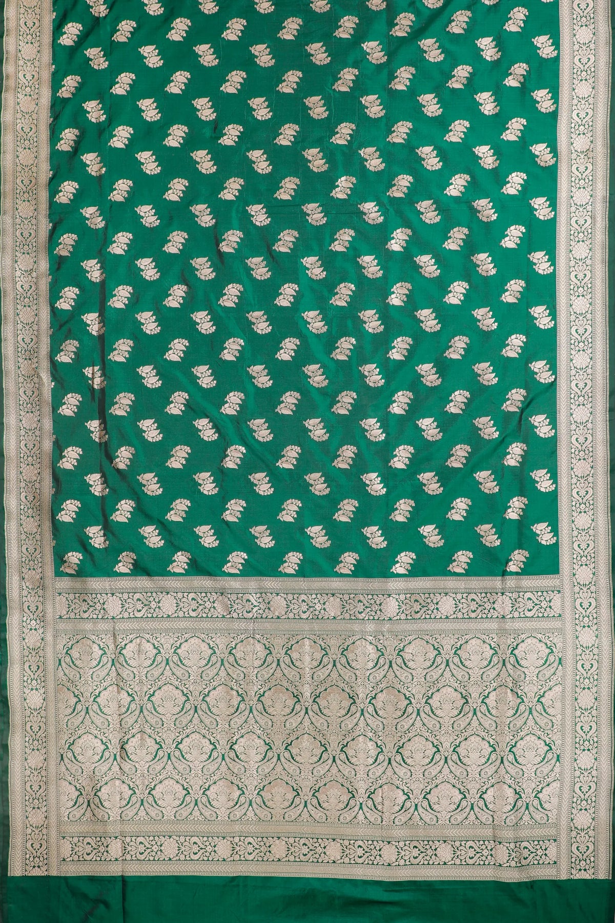 Green Handloom Benarasi Katan Silk Saree with Leaf Buttis
