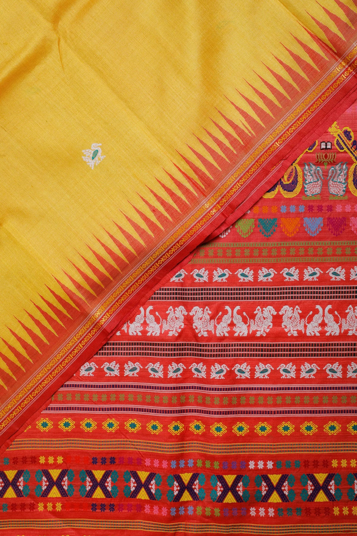 Yellow Handloom Tussar Silk Saree with Red Temple Border