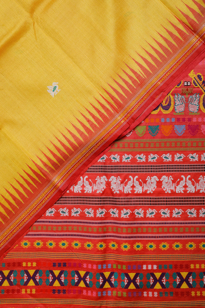Yellow Handloom Tussar Silk Saree with Red Temple Border - detail 1