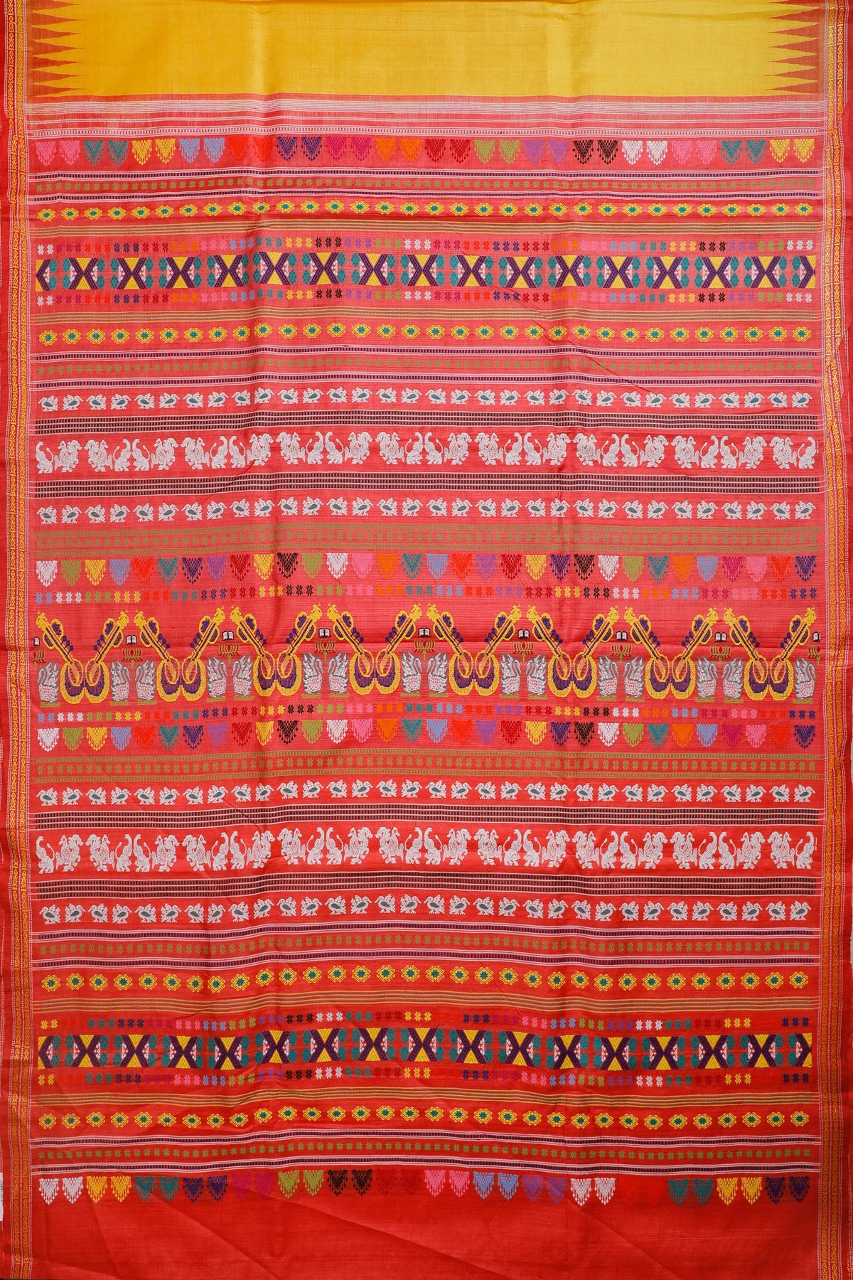 Yellow Handloom Tussar Silk Saree with Red Temple Border