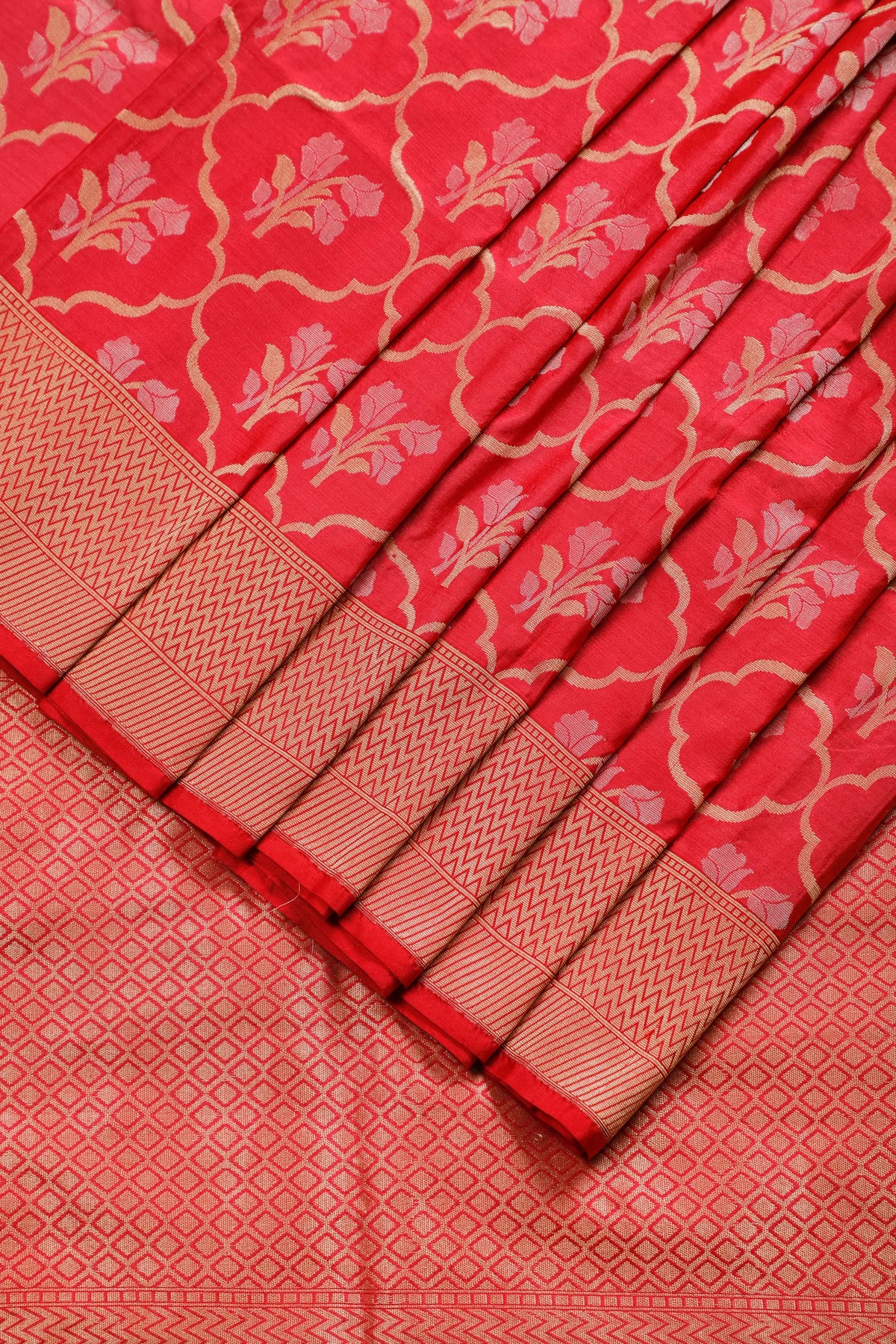 Peach Handloom Benarasi Katan Silk Saree with Jaali Design