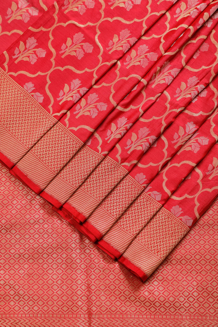 Peach Handloom Benarasi Katan Silk Saree with Jaali Design