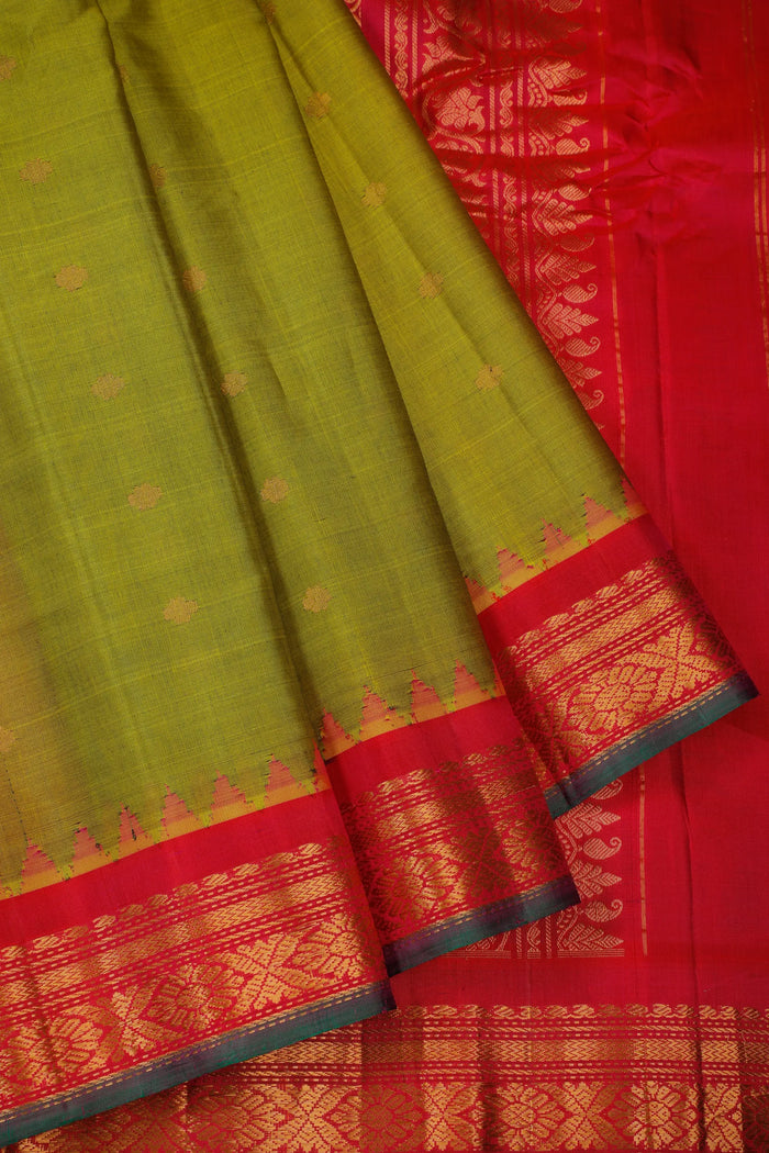 Olive Green Handloom Pure Silk Cotton (Sico) Gadwal Saree