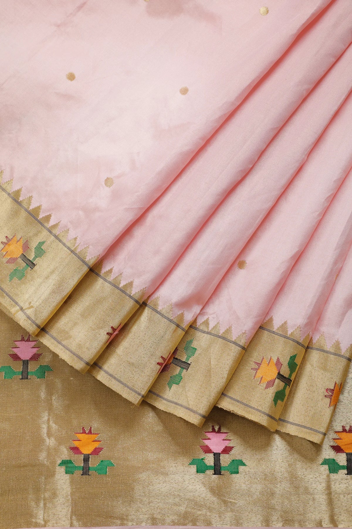 Baby Pink Pure Silk Handloom Paithani Tissue Saree with Asawali Pallu - Revival Design