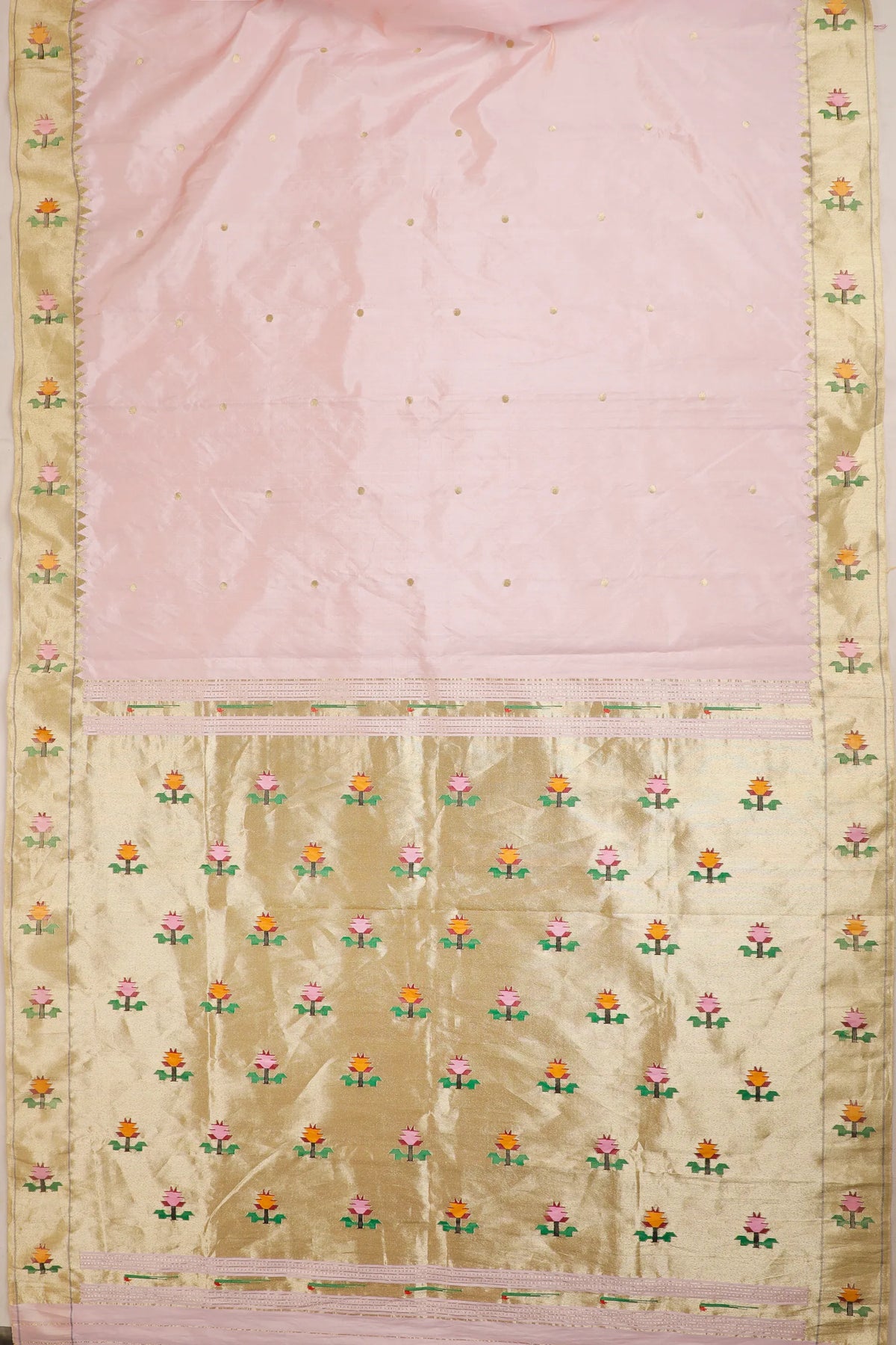 Baby Pink Pure Silk Handloom Paithani Tissue Saree with Asawali Pallu - Revival Design