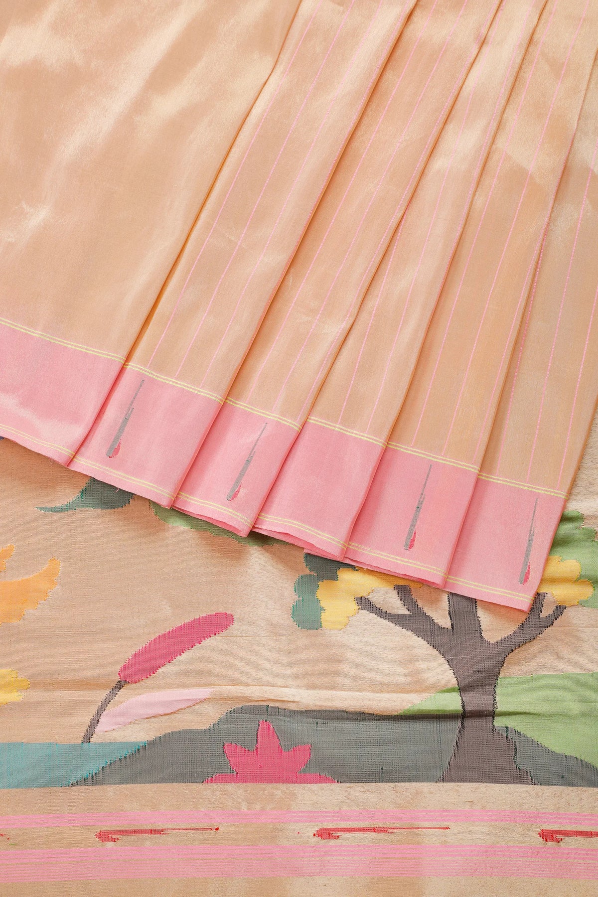 Ivory Pure Silk Handloom Tissue Paithani Saree with Stripes