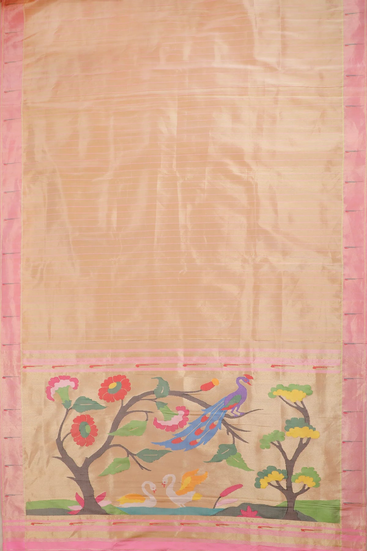Ivory Pure Silk Handloom Tissue Paithani Saree with Stripes
