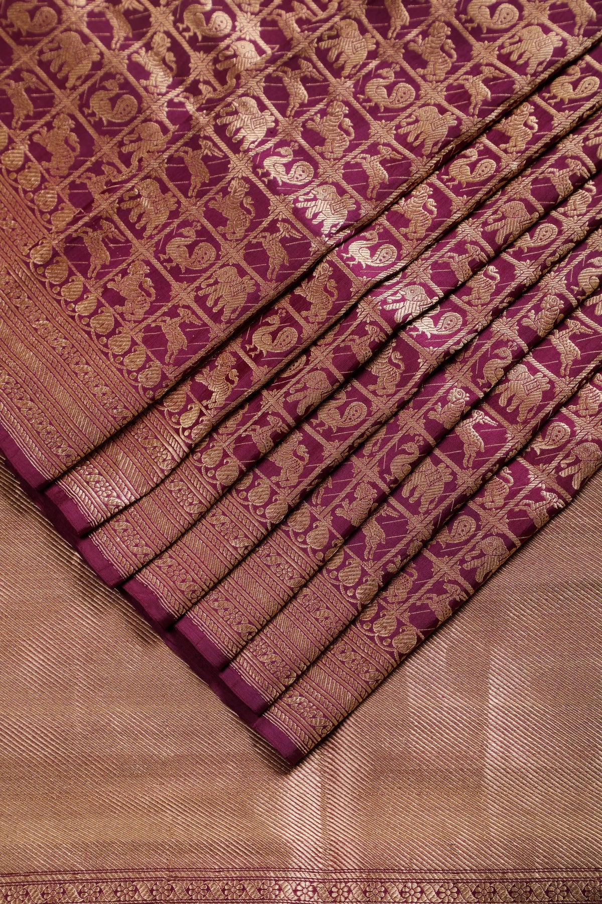 Wine Handloom Benarasi Katan Silk Saree - Shikargah Design with Checks